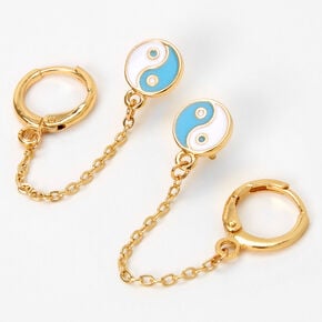 Gold Huggy Hoop &amp; Yin Yang Stud Connector Chain Earrings,