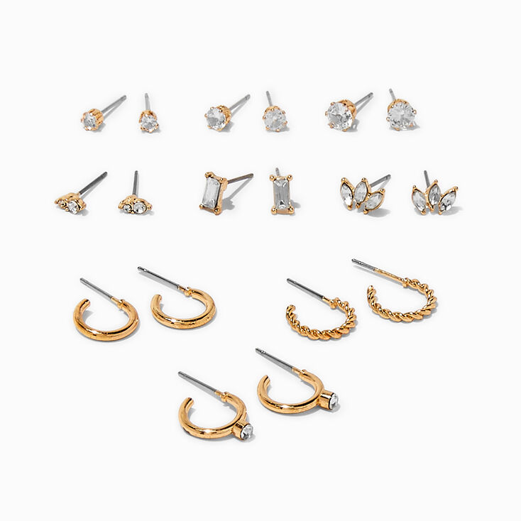 Gold-tone Cubic Zirconia Glitz Mixed Earrings Set - 9 Pack,