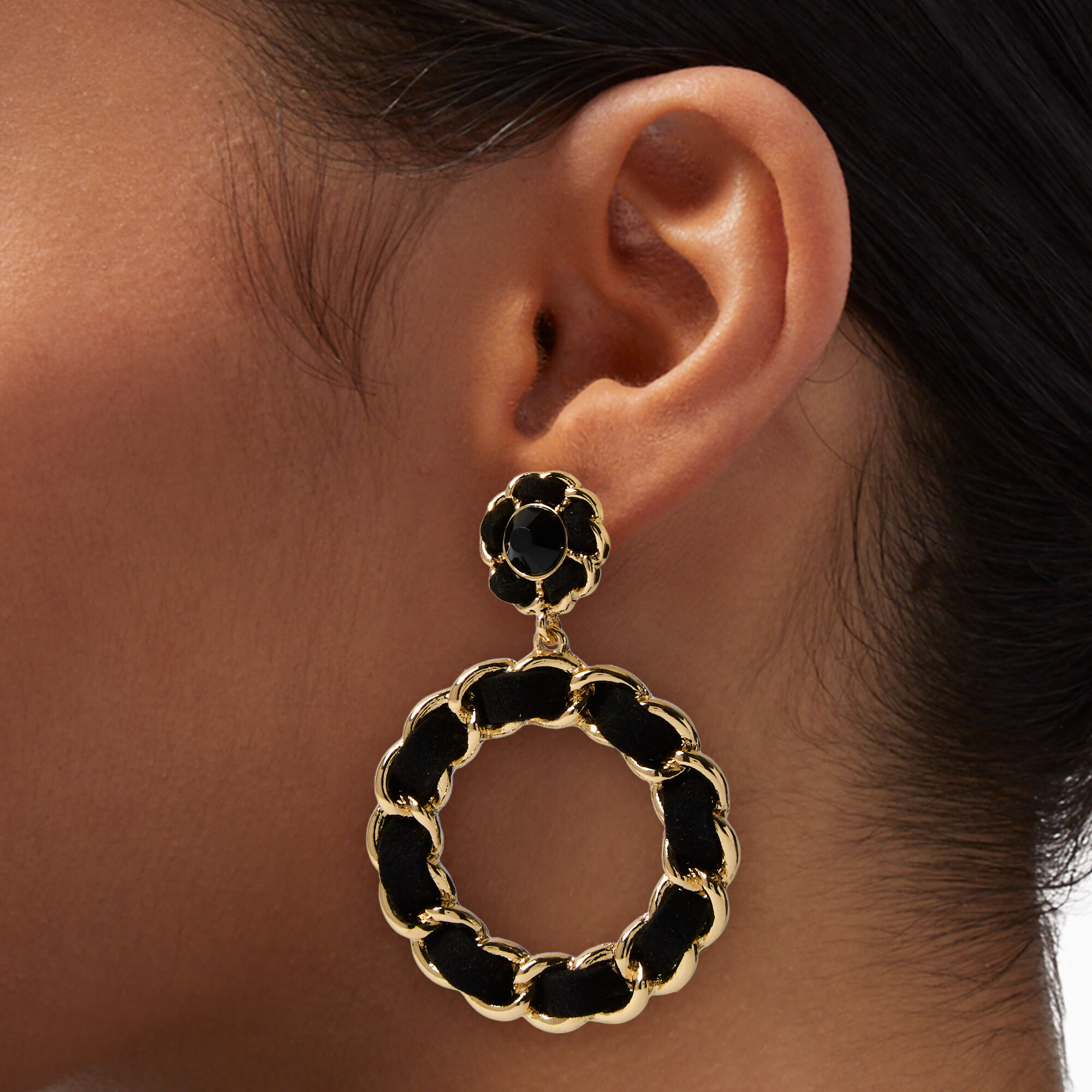 Black Gemstone Circle Hoop 3" Drop Earrings,