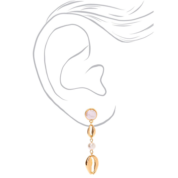 Gold 2.5&quot; Cowrie Shell Pearl Drop Earrings,