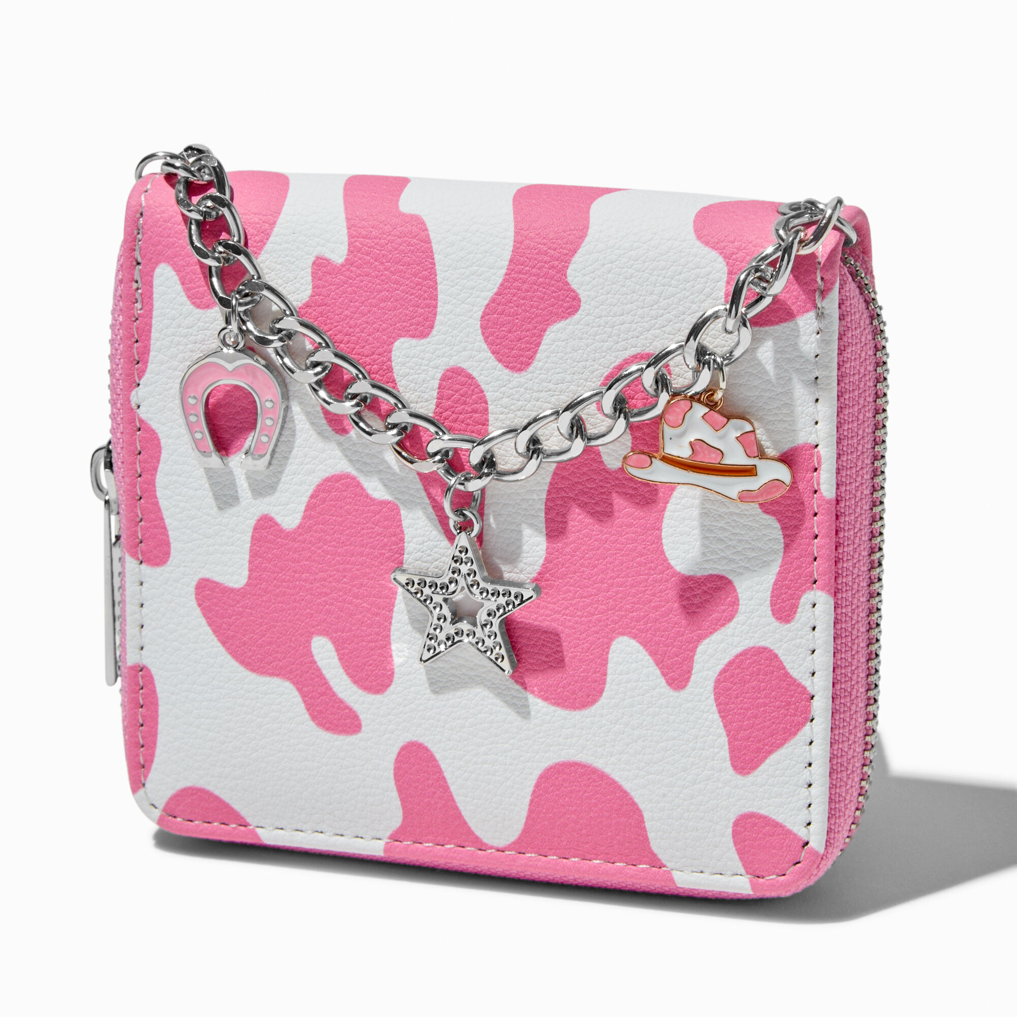 Pink Cow Print Chain Handle Zip Around Wallet Claire s US