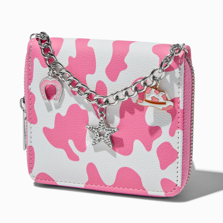Pink Cow Print Chain Handle Zip Around Wallet,