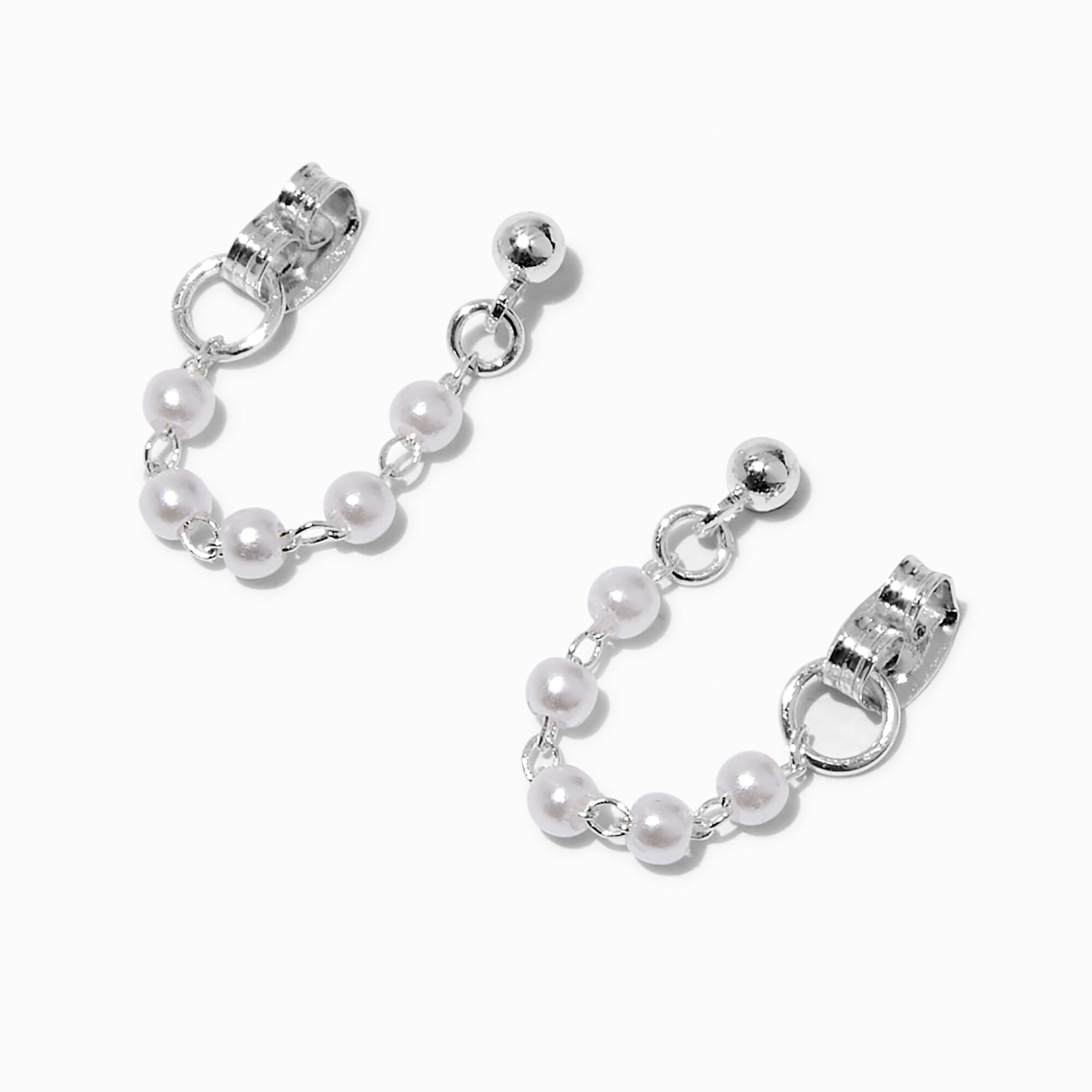 View Claires Pearl Tone Chain Front Back Earrings Silver information