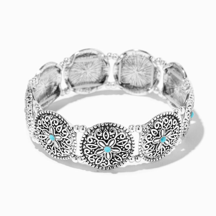 Silver Filigree Turquoise Medallion Stretch Bracelet,
