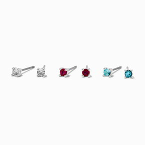 Silver-tone Cubic Zirconia 3mm Clear, Fuchsia, &amp; Aqua Stud Earrings - 3 Pack,