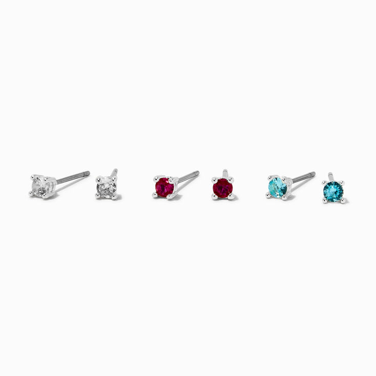 Silver-tone Cubic Zirconia 3mm Clear, Fuchsia, &amp; Aqua Stud Earrings - 3 Pack,