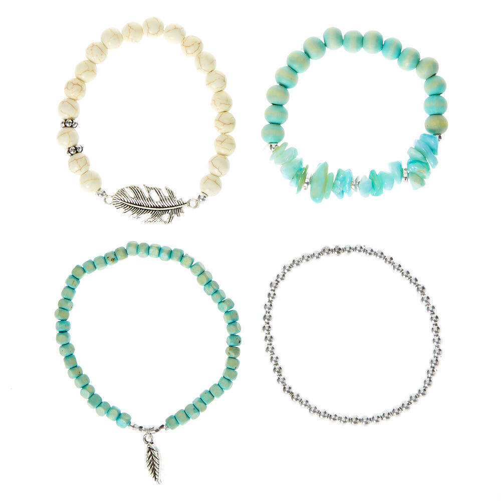Wooden Bead Stretch Bracelets - Turquoise, 4 Pack,