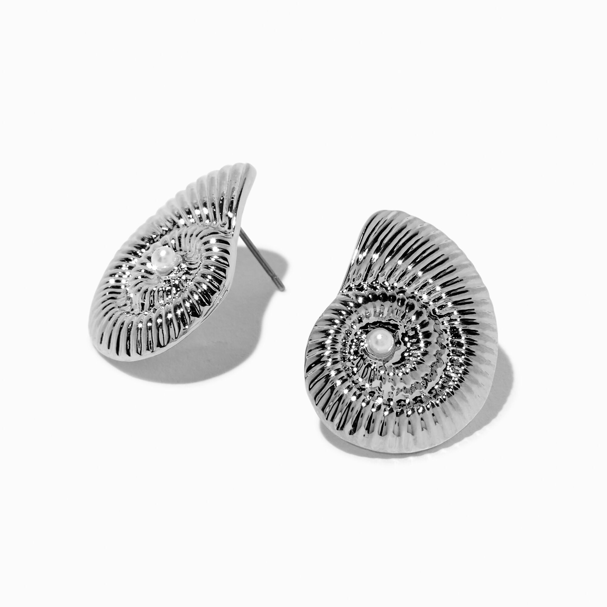 Silver-tone Pearl Conch Shell Stud Earrings,