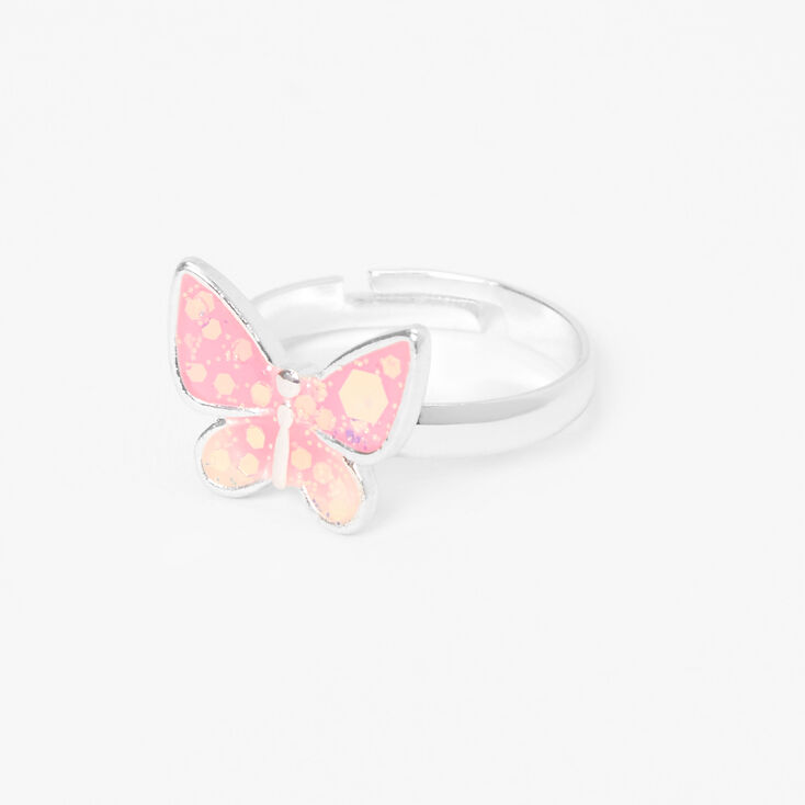 Silver Glow In The Dark Butterfly Ring - Pink,