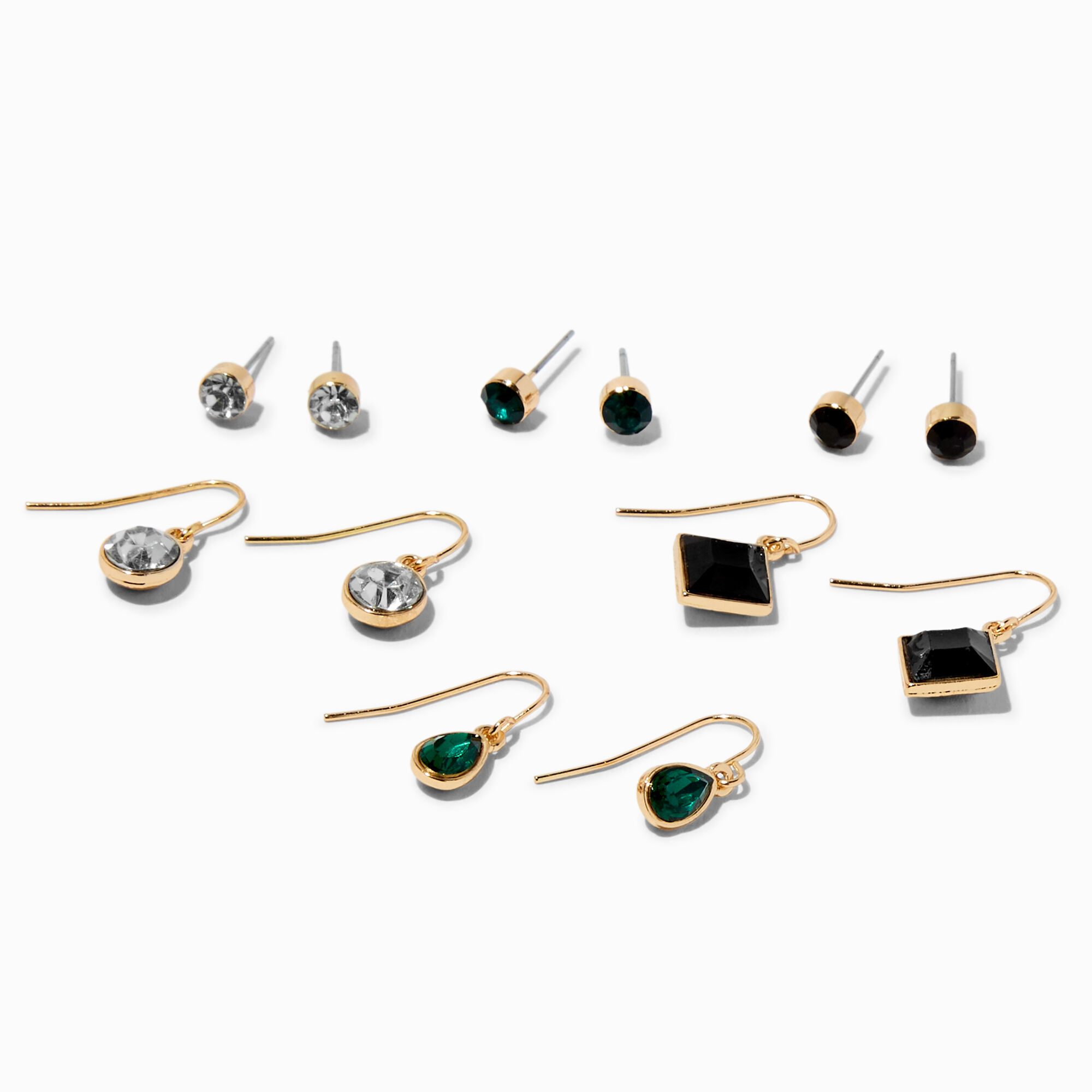 View Claires Emerald Jet Black Gemstone Mixed Earring Set 6 Pack Green information