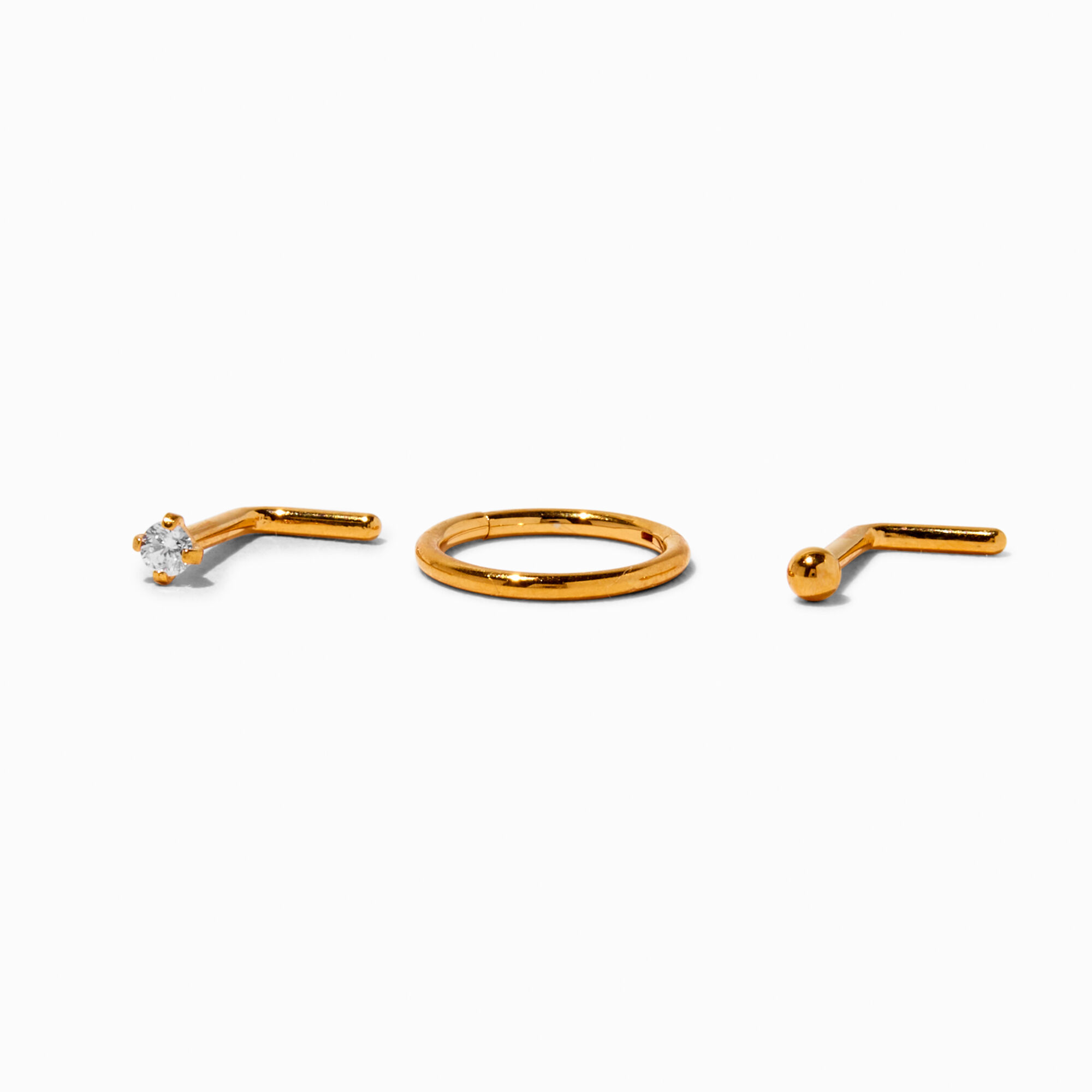 View Claires 18K Plated Titanium 18G Nose Studs Hoop 3 Pack Gold information
