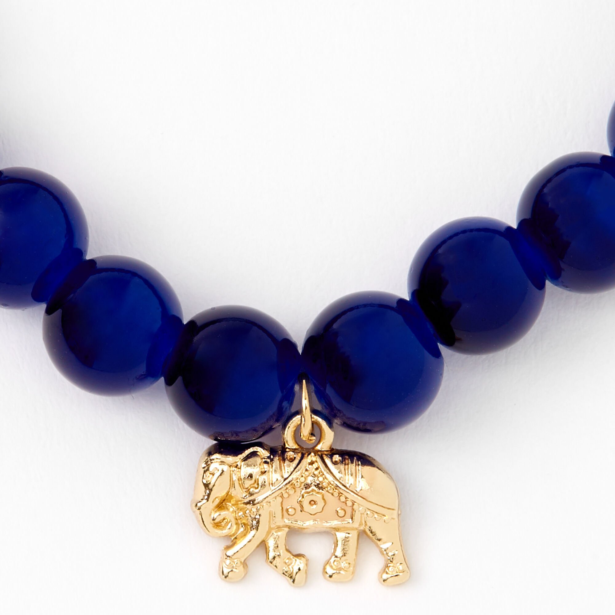 Bracelet élastique perlé éléphant couleur dorée - Bleu roi,