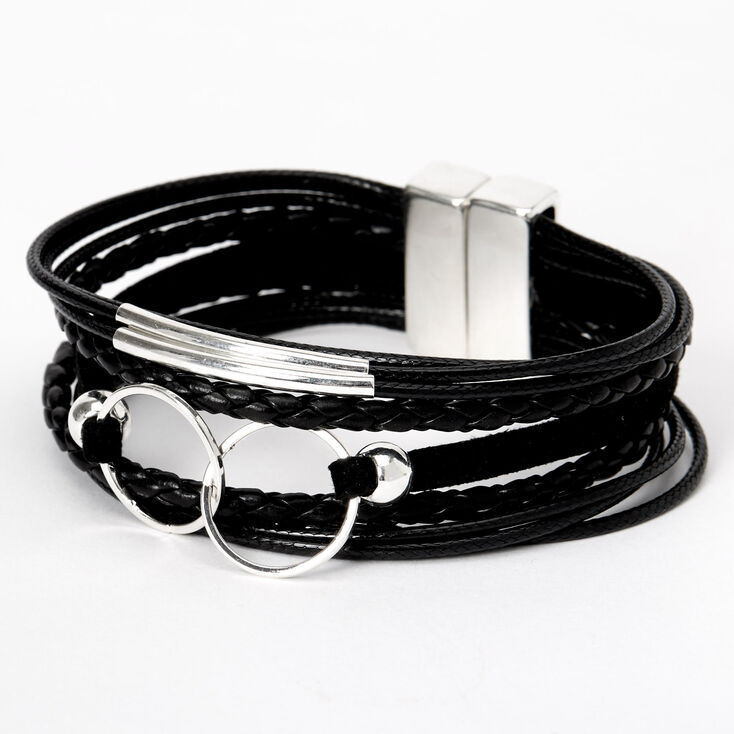 Braided Ring Leather Wrap Bracelet - Black,