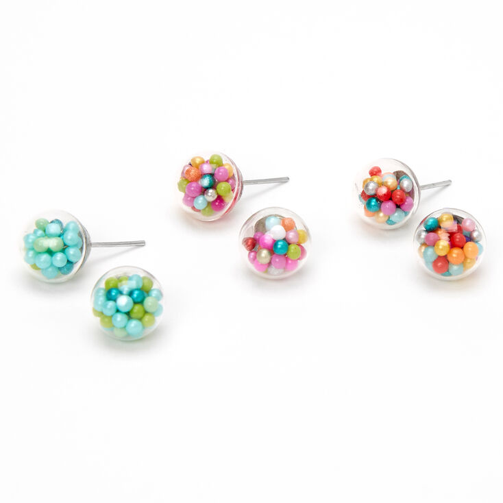 Silver Multi-Colored Bead Shaker Stud Earrings - 3 Pack,