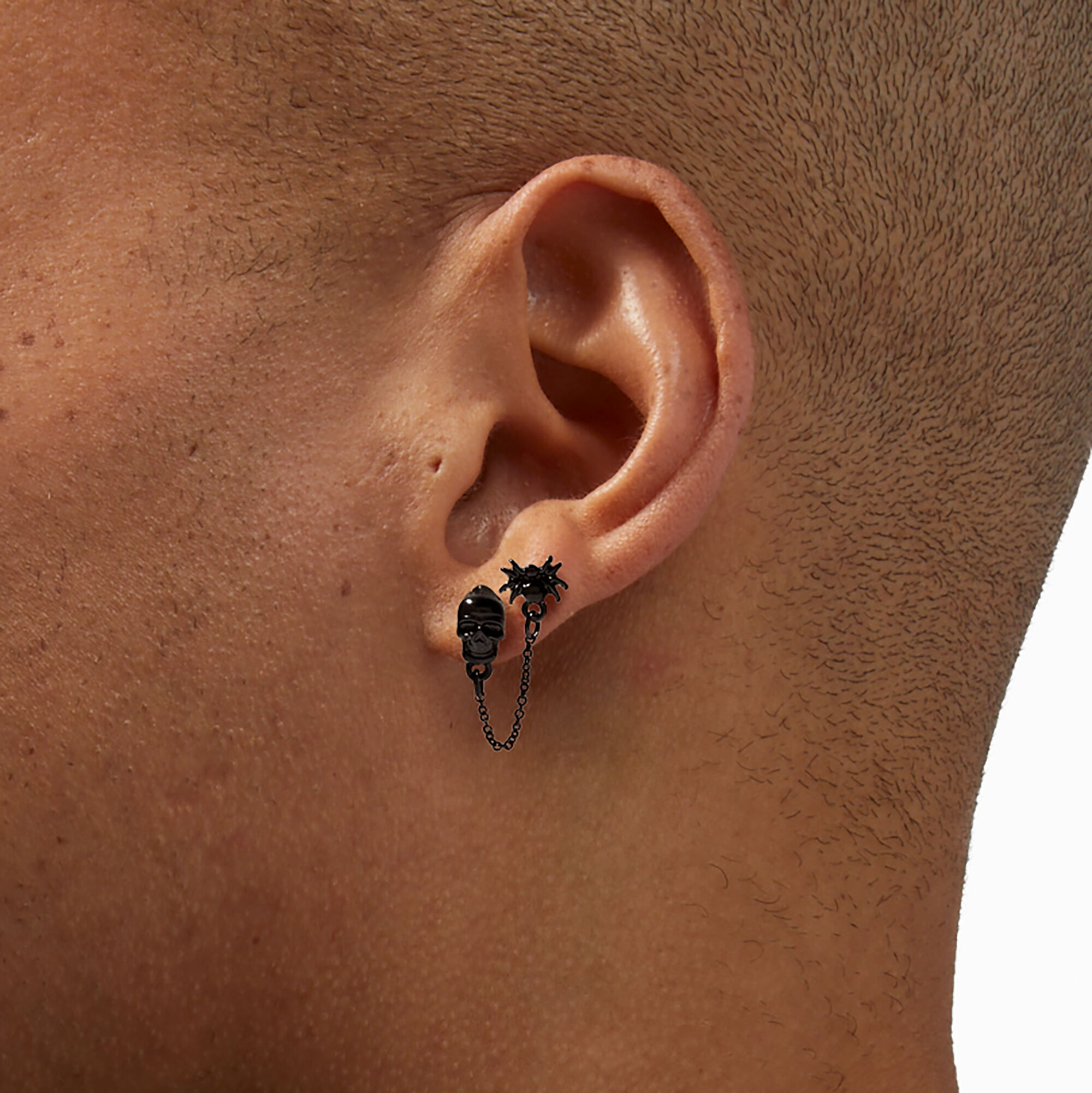 Black Spider & Skull Connector Chain Stud Earrings,