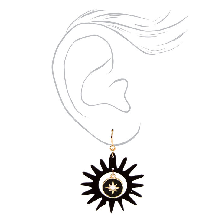 Gold 1.5&quot; Celestial Drop Earrings - Black,