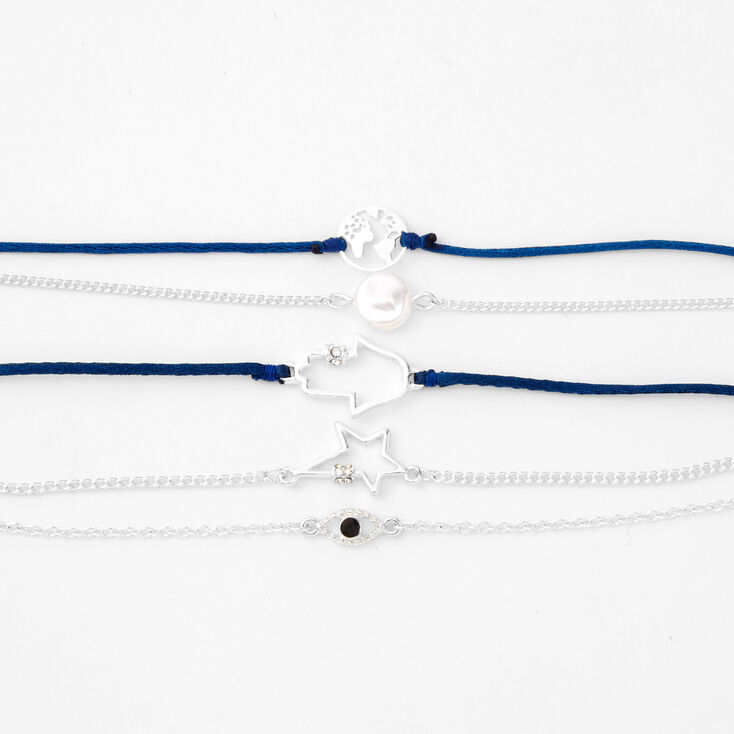 Silver Hamsa, Globe, &amp; Star Multi-Strand Bracelets - 2 Pack,