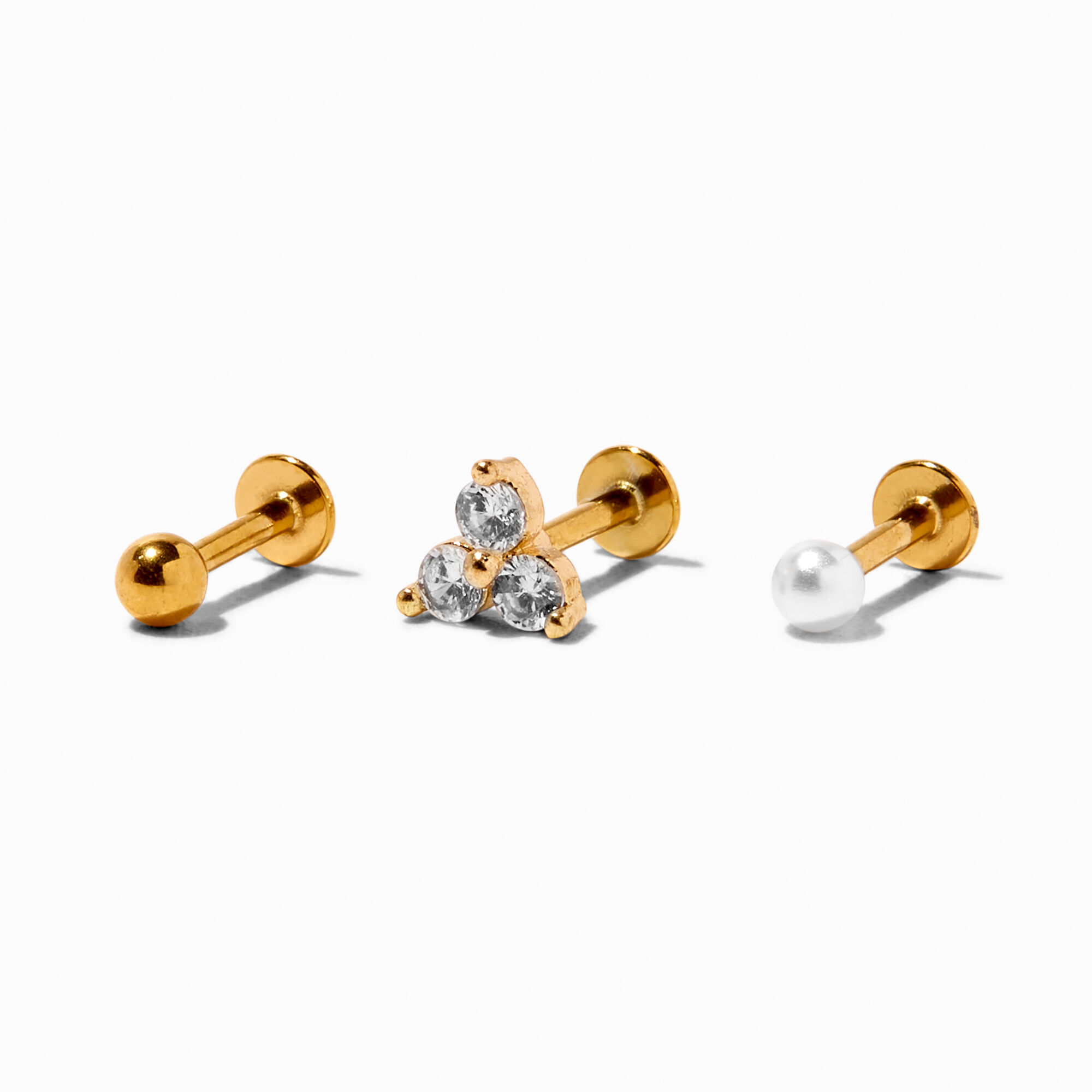 View Claires 16G Crystal TriBall Labret Studs 3 Pack Gold information
