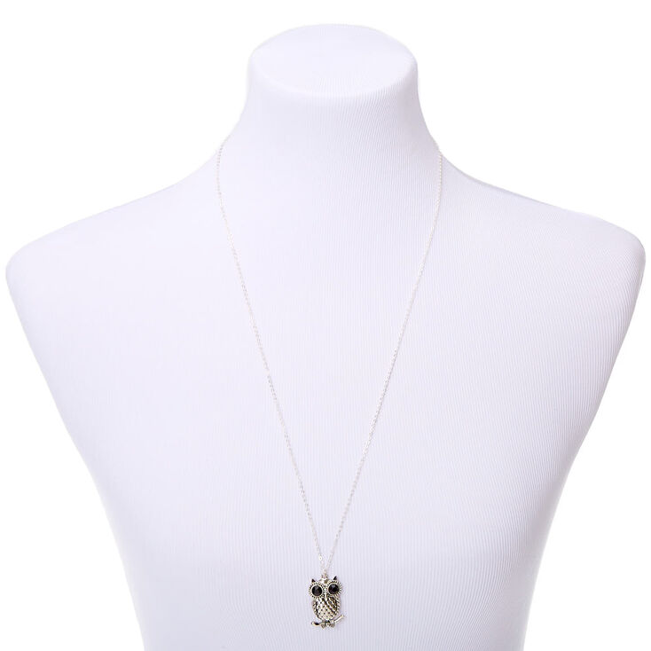 Silver Owl Long Pendant Necklace - Black,