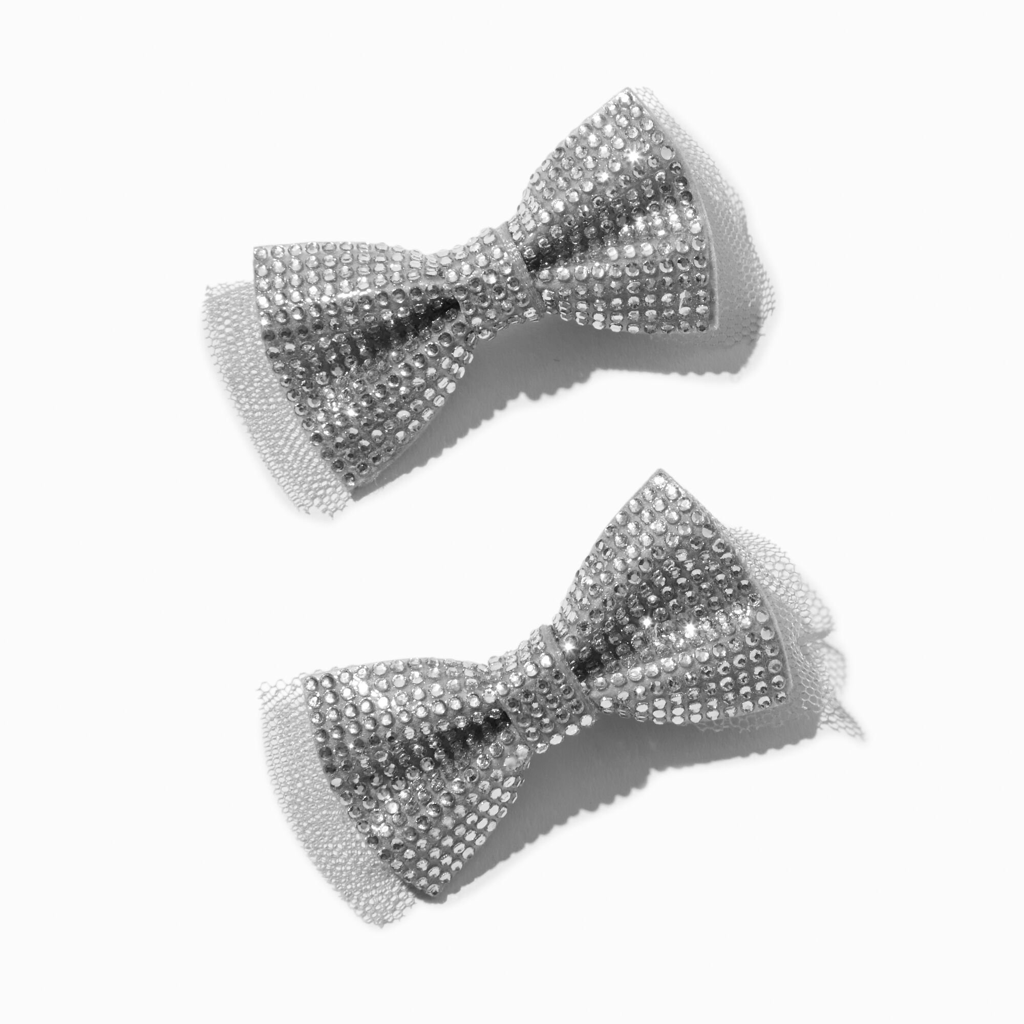 View Claires Rhinestone Hair Bow Clips 2 Pack Silver information