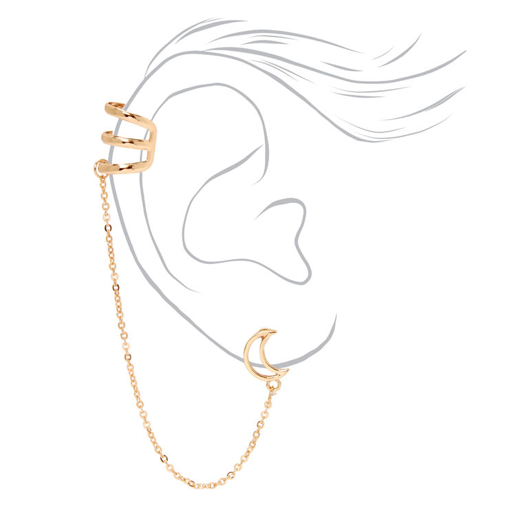 Gold Celestial Moon Connector Chain Stud Earrings,