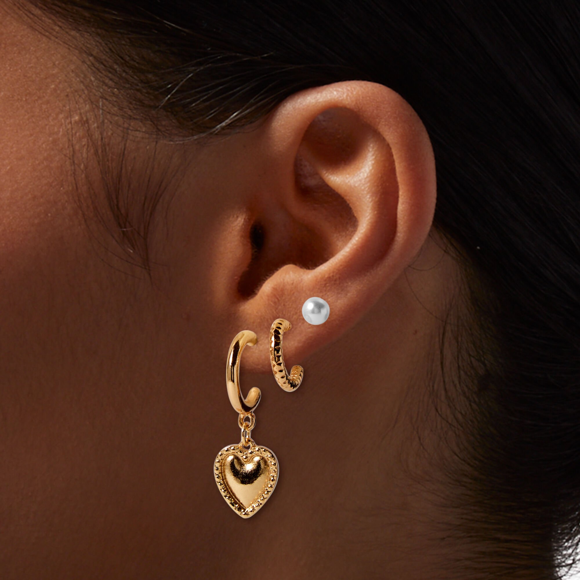 Gold-tone Heart Pearl Earring Stackables Set - 6 Pack,