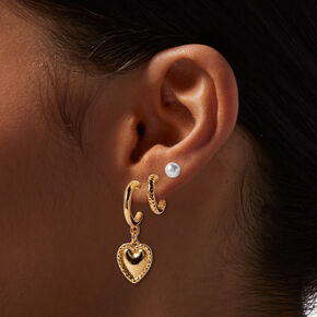 Gold-tone Heart Pearl Earring Stackables Set - 6 Pack,