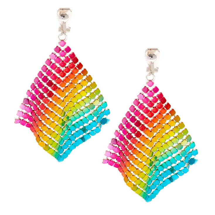 Silver 2.5&quot; Rainbow Mesh Chain Clip On Drop Earrings,