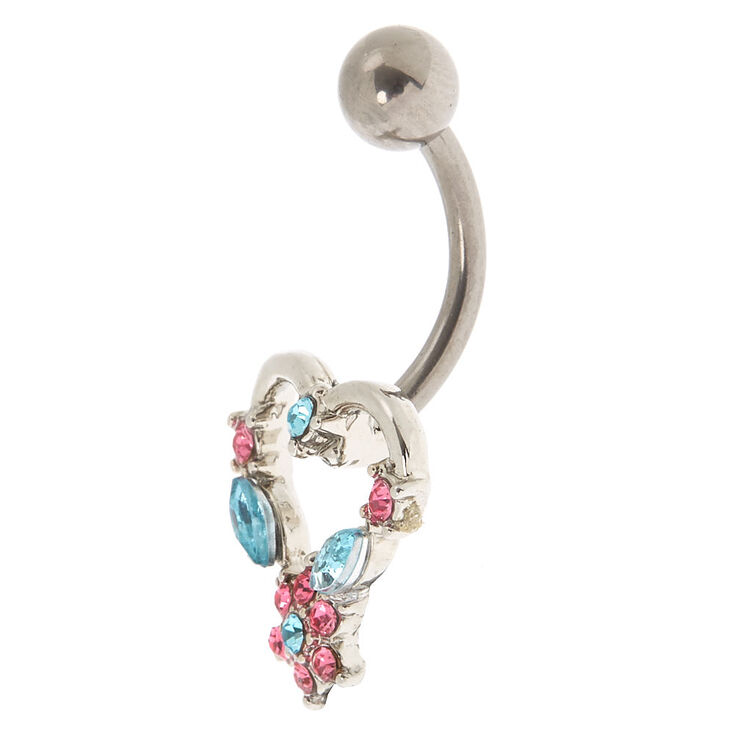 Piercing de nombril c&oelig;ur couleur argent&eacute;e et rose,