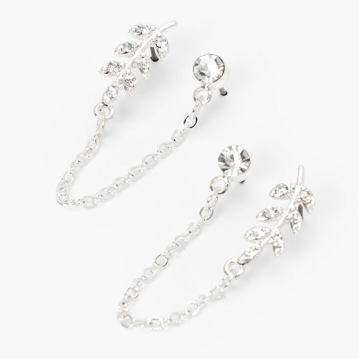 Silver Crystal Leaf Connector Chain Stud Earrings,