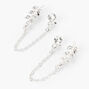 Silver Crystal Leaf Connector Chain Stud Earrings,