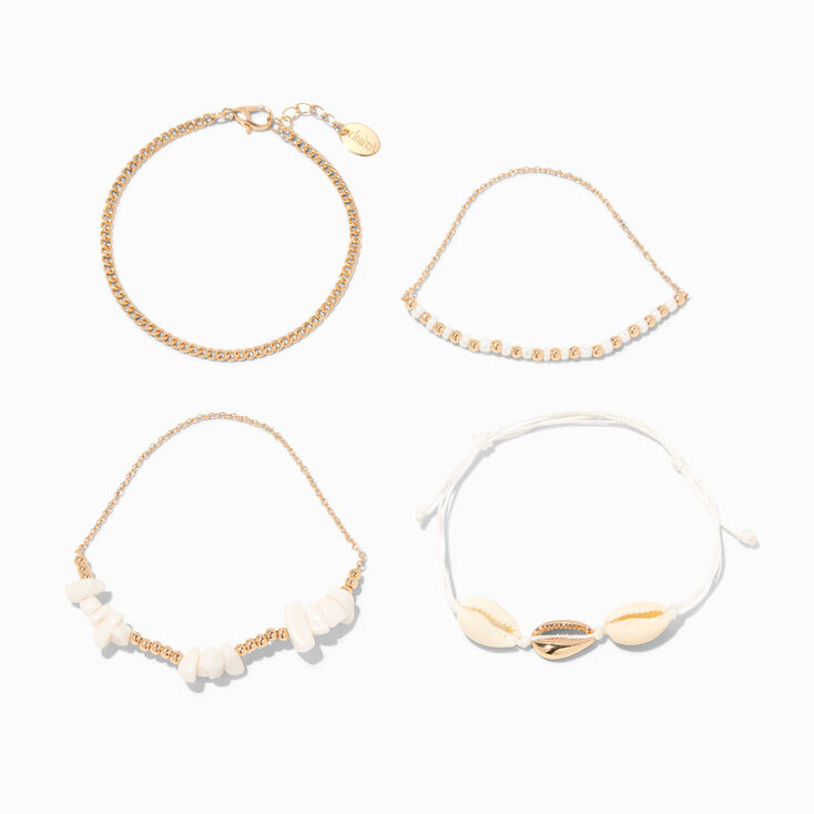 Gold-tone &amp; White Cowrie Seashell Bracelet Set - 4 Pack,