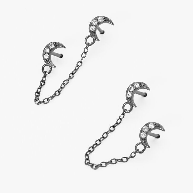 Sterling Silver Cubic Zirconia Moon Connector Chain Earrings,