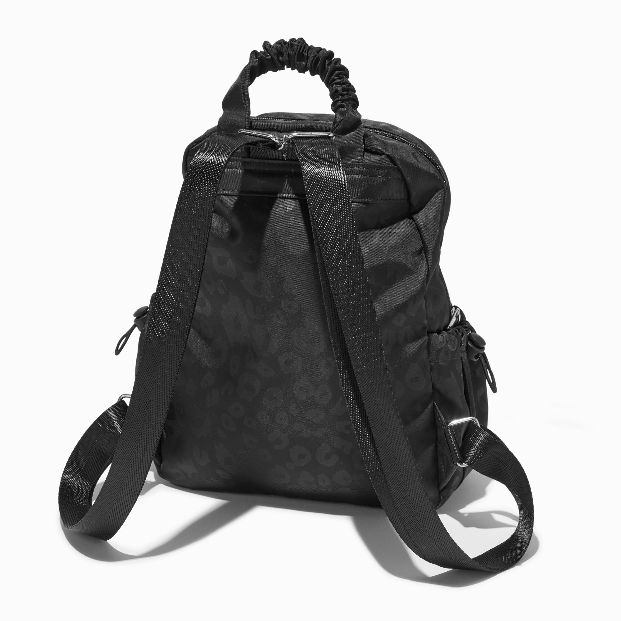 Black Cheetah Print Nylon Backpack,