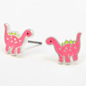 Silver Dinosaur Stud Earrings - Pink,