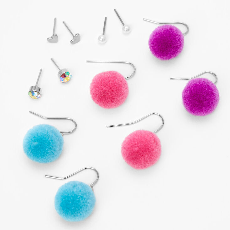 Fuzzy Pom Pom Earrings Set - 6 Pack,