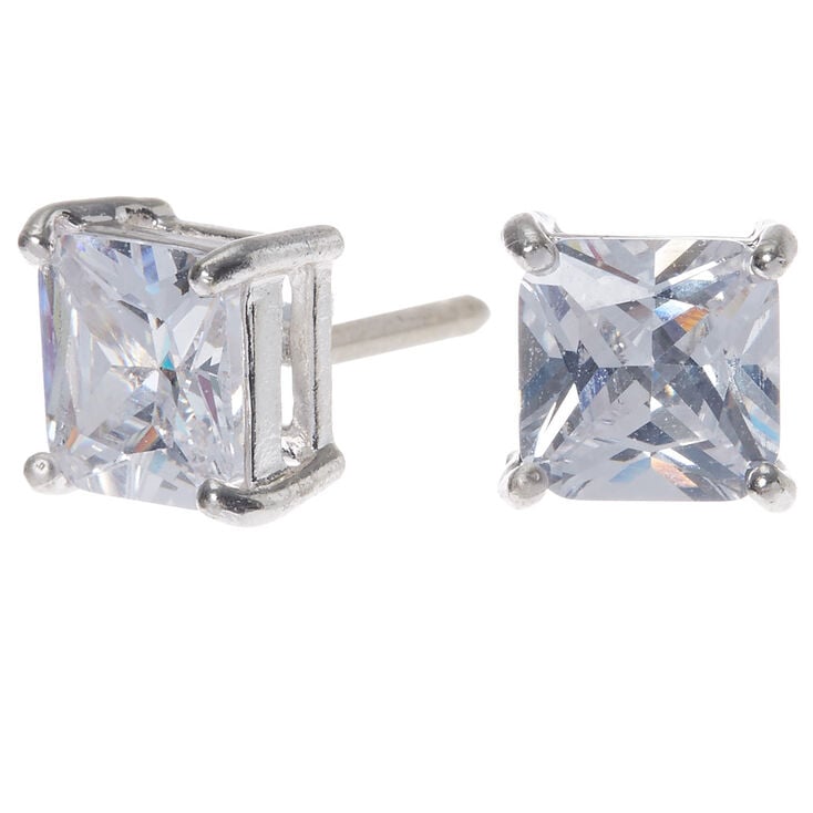 Silver Cubic Zirconia Square Stud Earrings - 8MM,