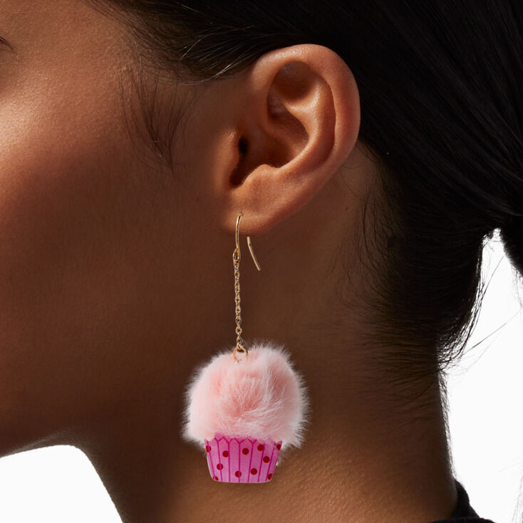 Pink Cupcake Pom Pom 2&quot; Drop Earrings,