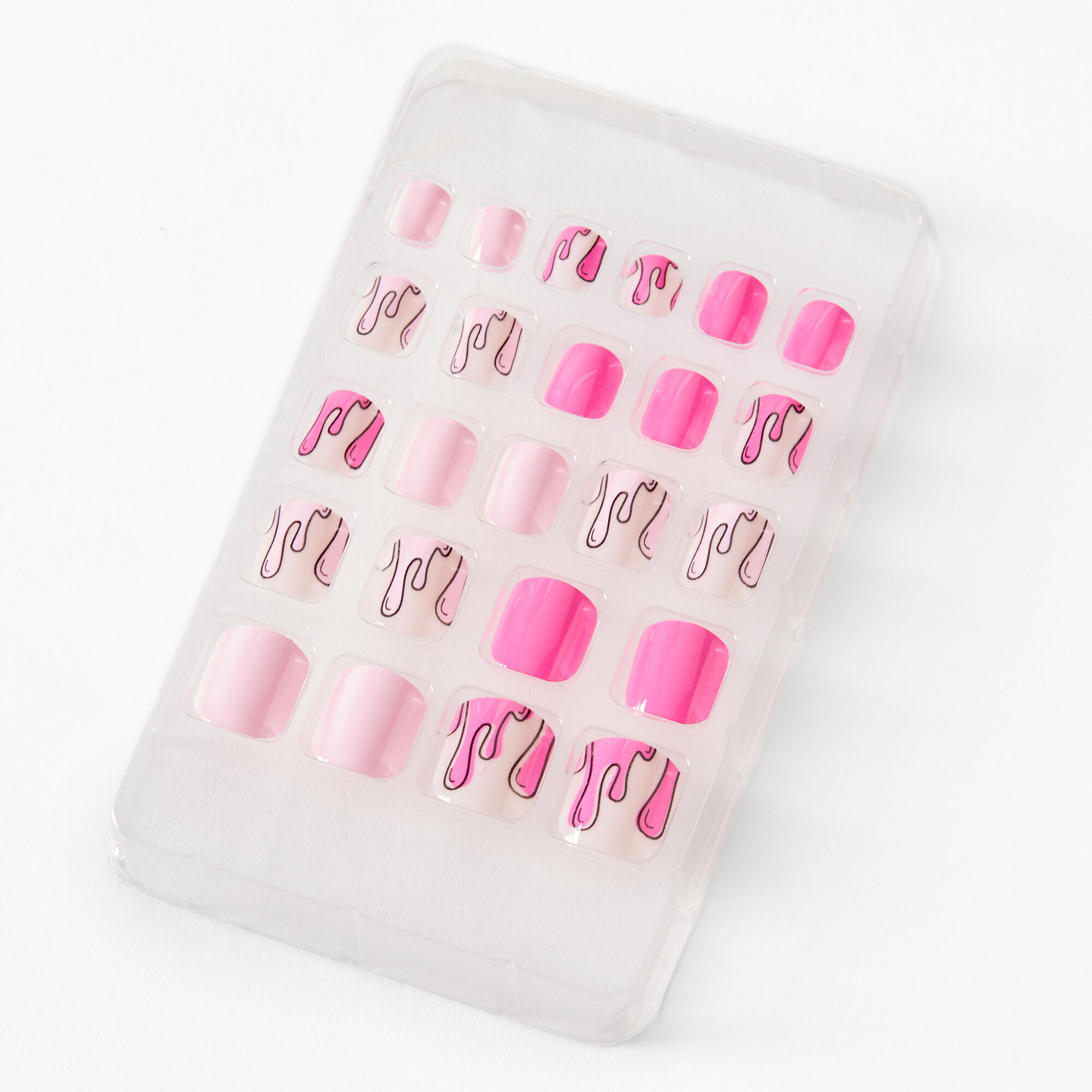 Claire's Faux ongles autocollants carrés façon gouttes de peinture - Rose, lot de 24