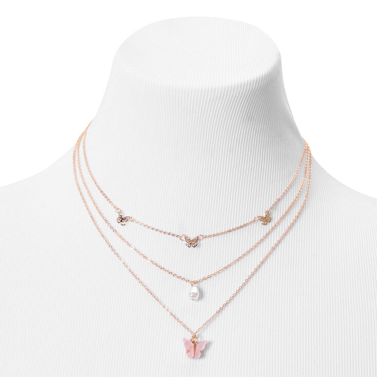 Pink Butterfly Multi-Strand Gold-tone Chain Necklace,