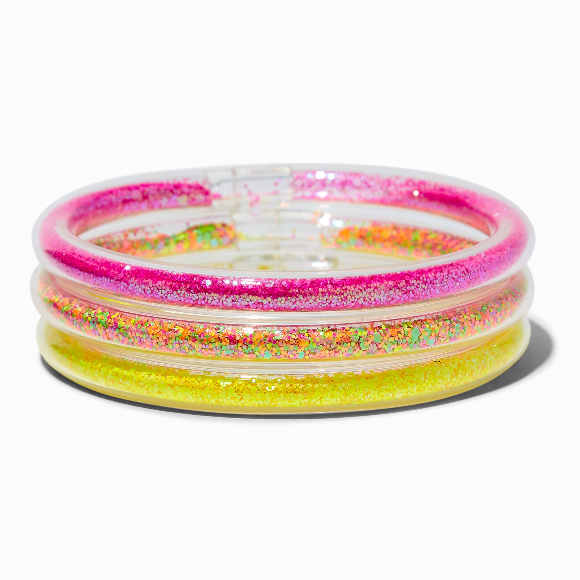 View Claires Club Glitter Shaker Bangle Bracelets 3 Pack Rainbow information