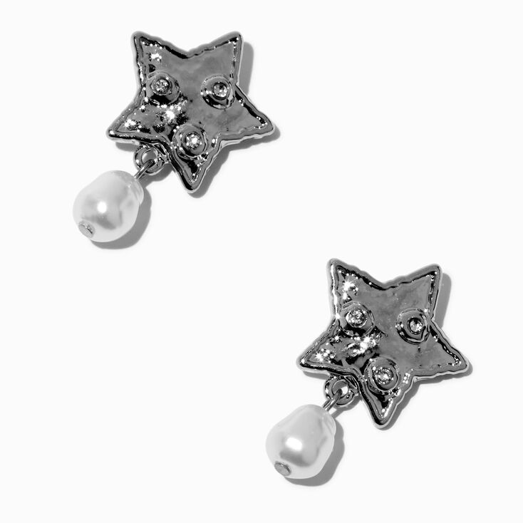 Pendantes perle d&#39;imitation et &eacute;toile martel&eacute;es couleur argent&eacute;e,