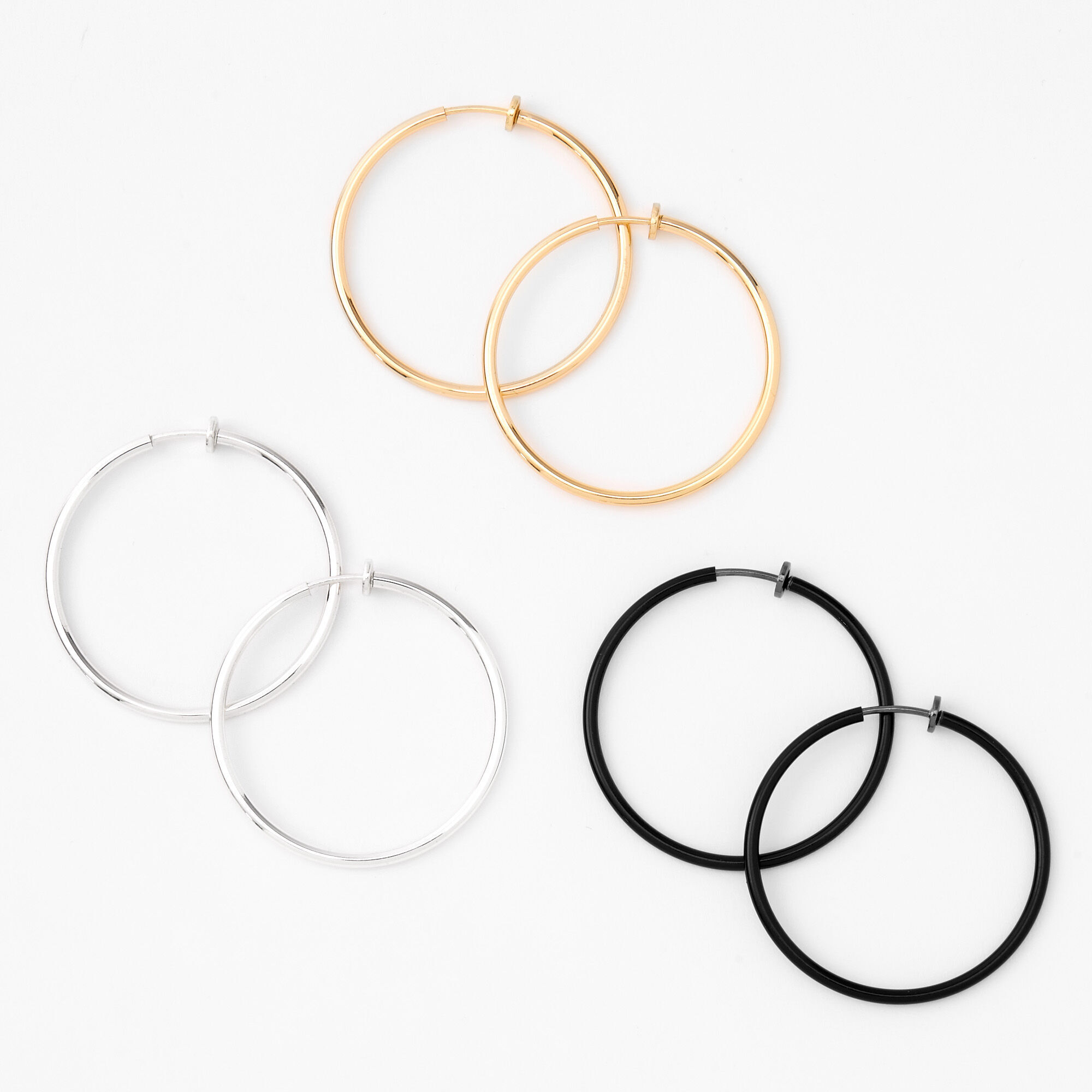 View Claires Mixed Metal 40MM Clip On Hoop Earrings 3 Pack Gold information