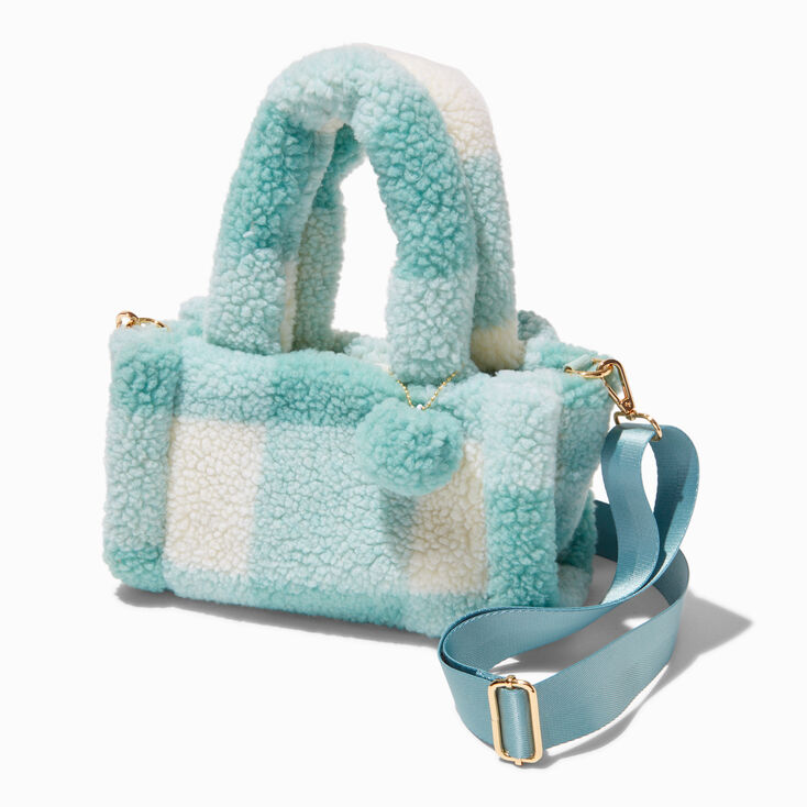 Blue Check Sherpa Crossbody Tote Bag,