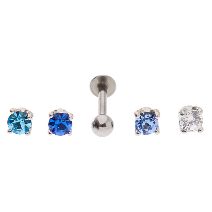 Boucles d&#39;oreilles &agrave; arri&egrave;re plat pour piercing tragus avec embouts interchangeables en zircon cubique 1,2&nbsp;mm bleu en acier inoxydable - Lot de 5,