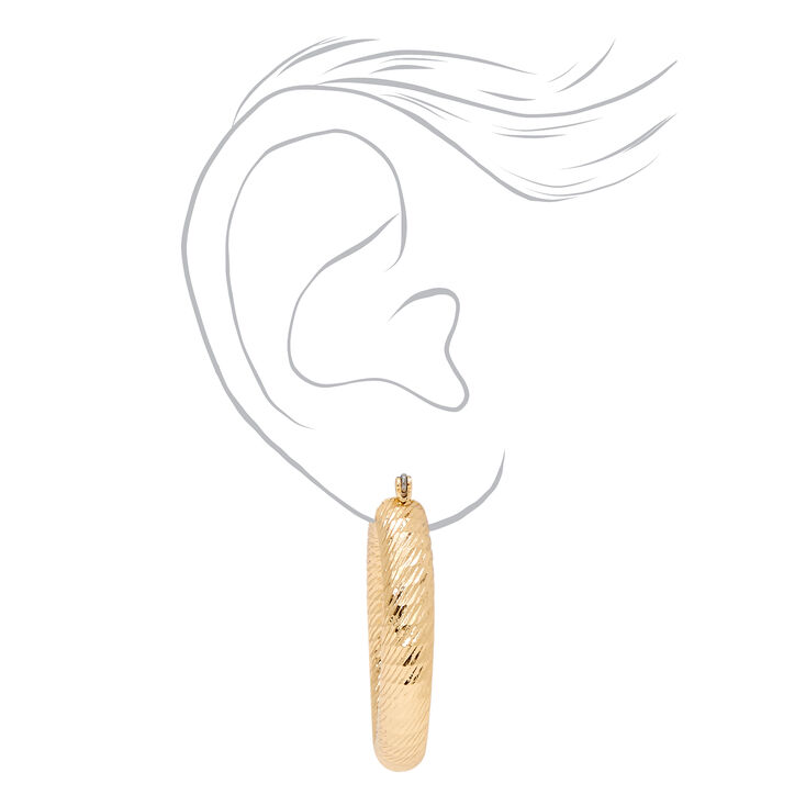 Gold 30MM Laser Cut Textured Tube Hoop Earrings,