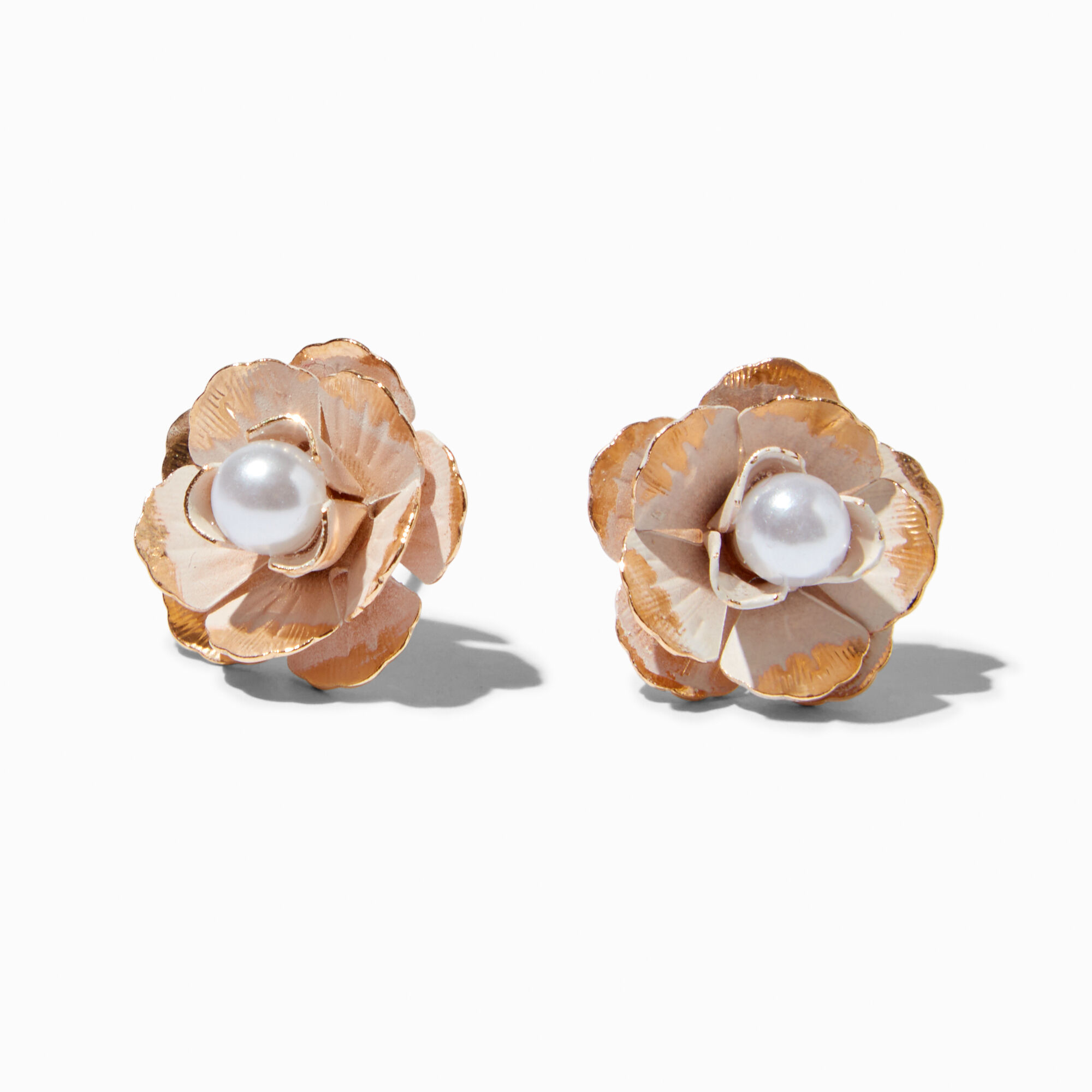 View Claires Sculpted Rose Pearl Stud Earrings Gold information
