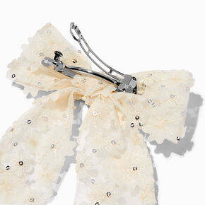 Ivory Flower Sequin Long Tail Bow Hair Clip,