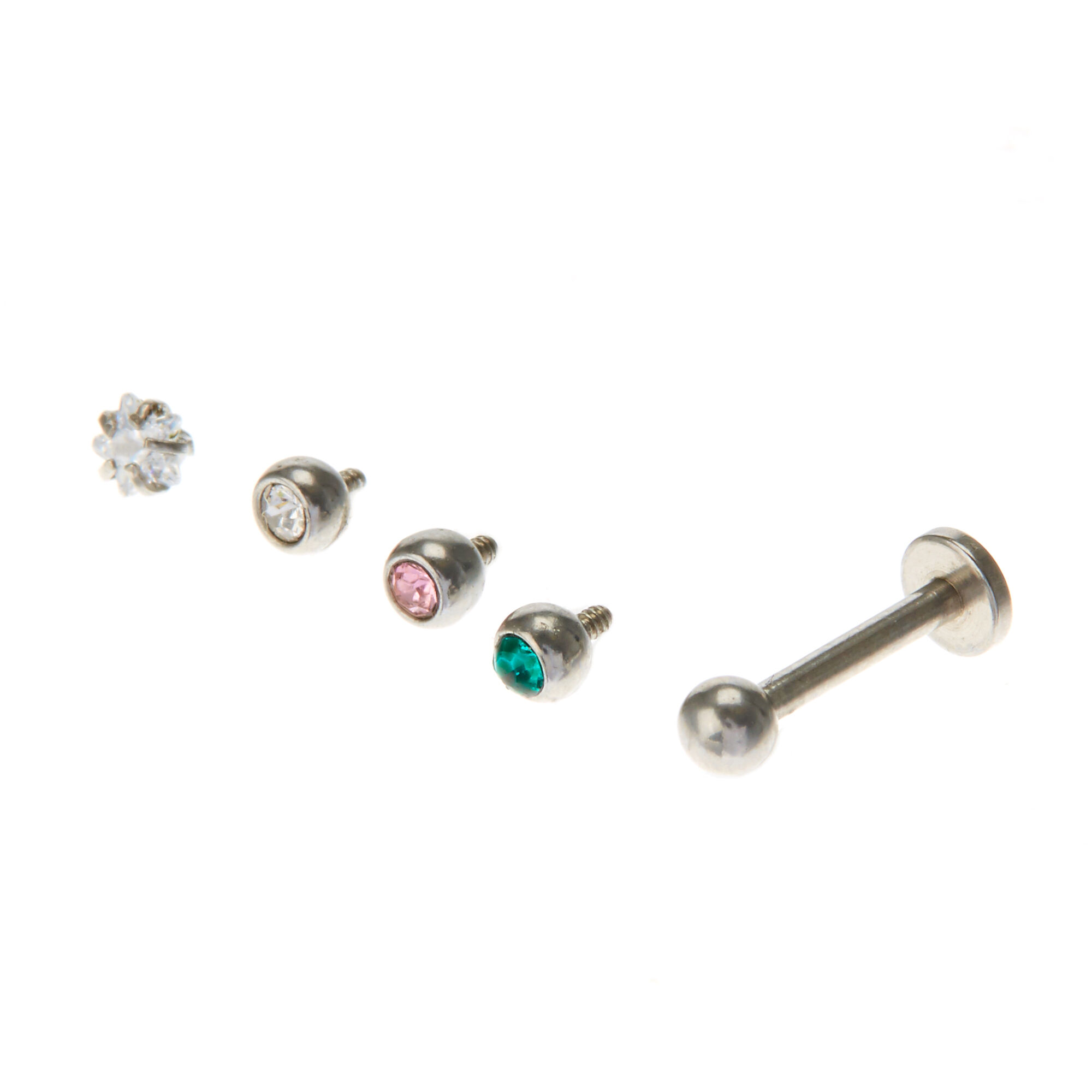 View Claires Tone 16G Pastel Cubic Zirconia Loose Labret Flat Back Studs 5 Pack Silver information