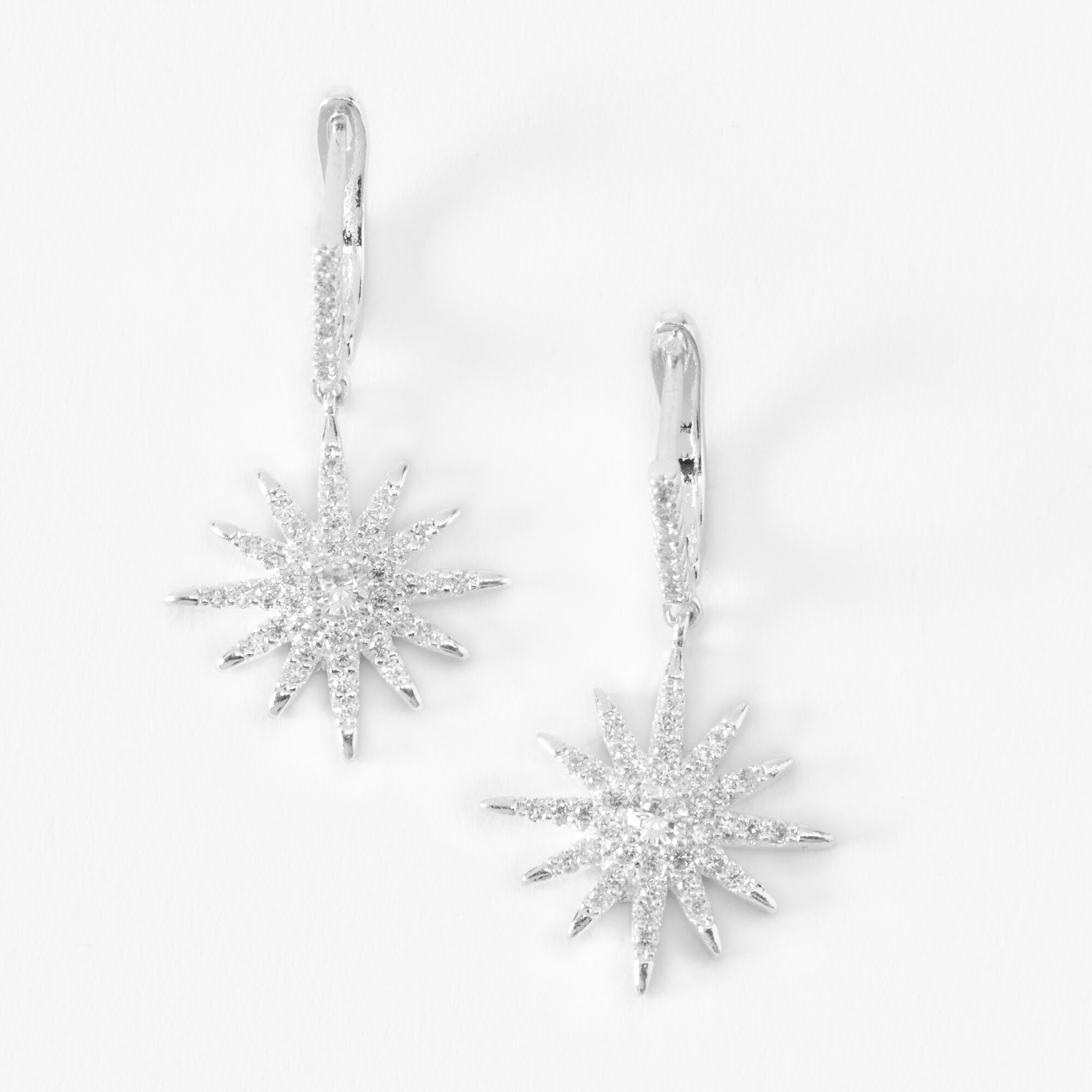 Silver 1" Cubic Zirconia Starburst Drop Earrings,